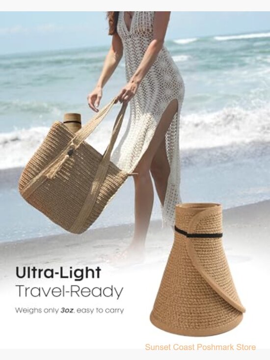 Straw Sun Visor Hat UPF 80+ Wide Brim Ponytail Beach Hat main image 6